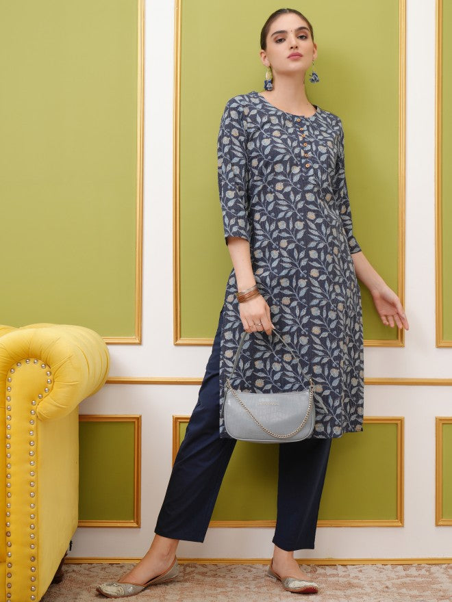 Vishudh Women Blue Printed Straight Kurta - Blue - Image 1