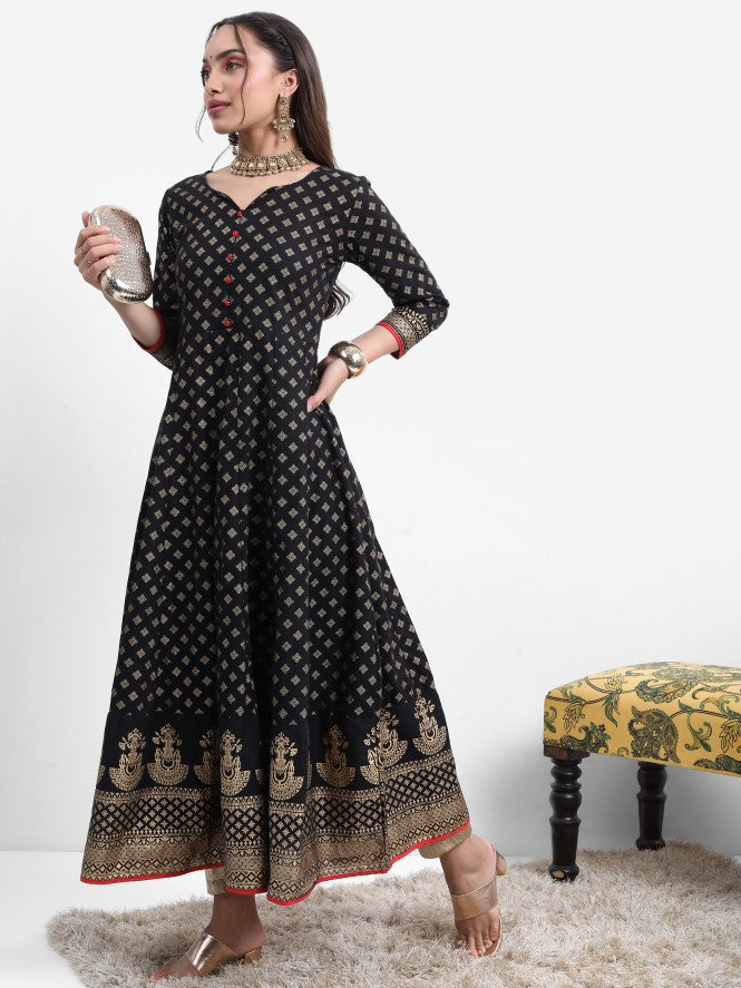 Vishudh Women Black Printed A-Line Kurta - Black - Image 2