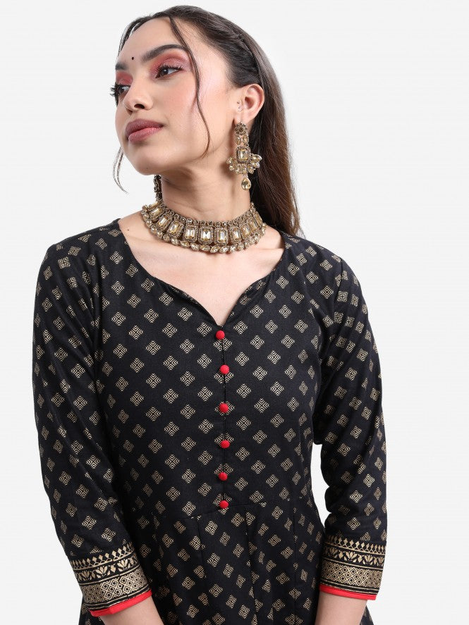 Vishudh Women Black Printed A-Line Kurta - Black - Image 1