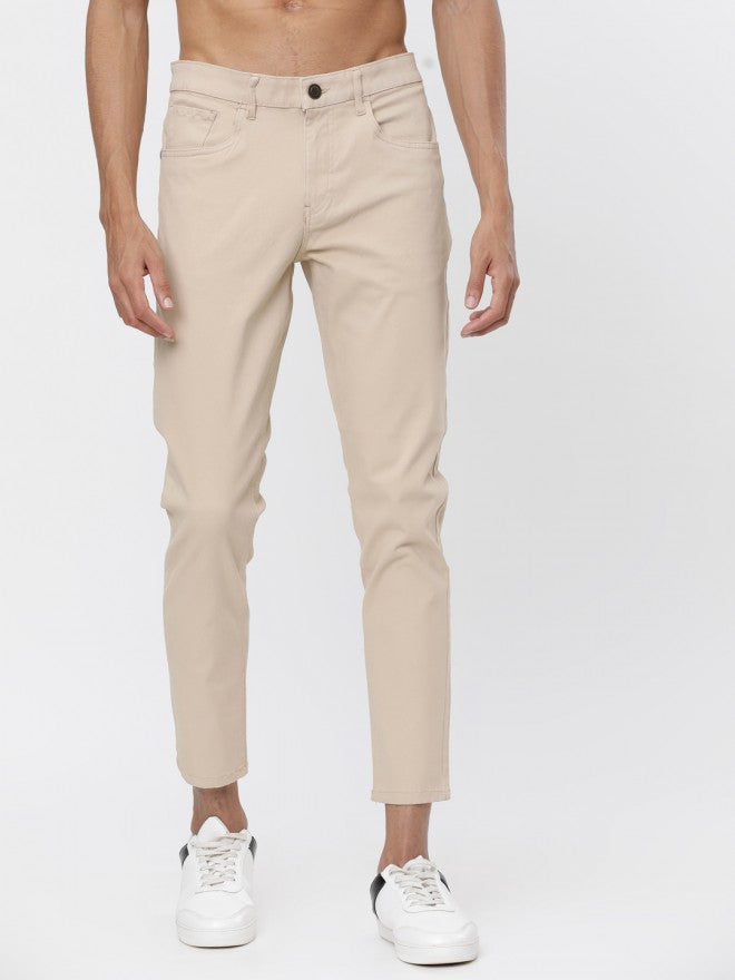 Beige Casual Solid Tapered Fit Trousers - Beige - Image 1