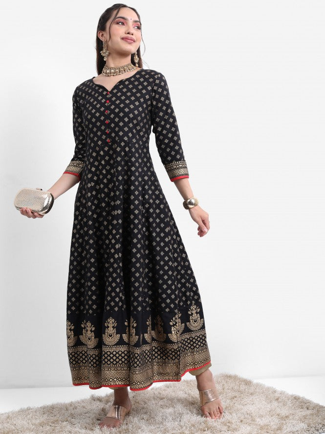 Vishudh Women Black Printed A-Line Kurta - Black - Image 4