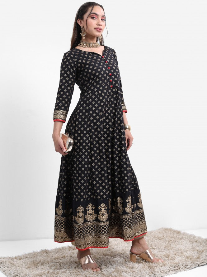 Vishudh Women Black Printed A-Line Kurta - Black - Image 6