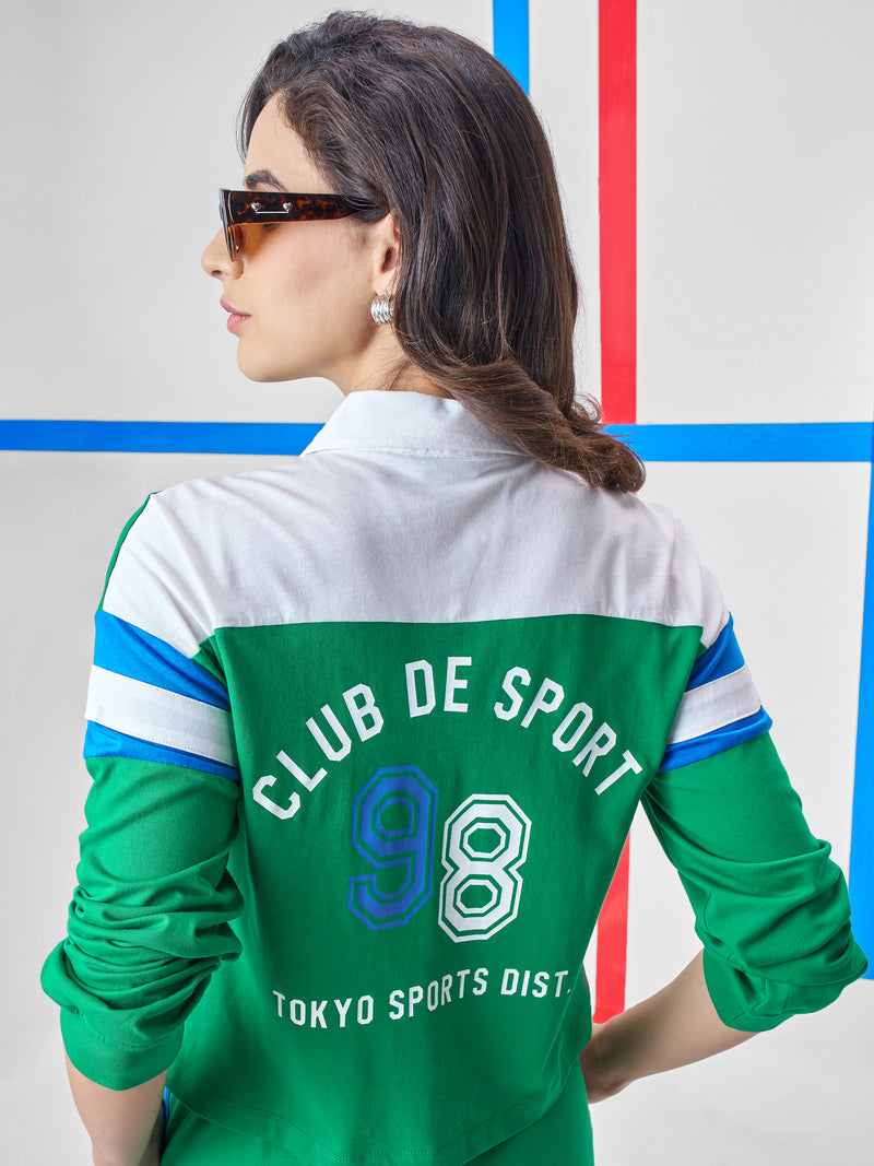 Tokyo Talkies Women Green Printed Polo Collar T-Shirt - Green - Image 1