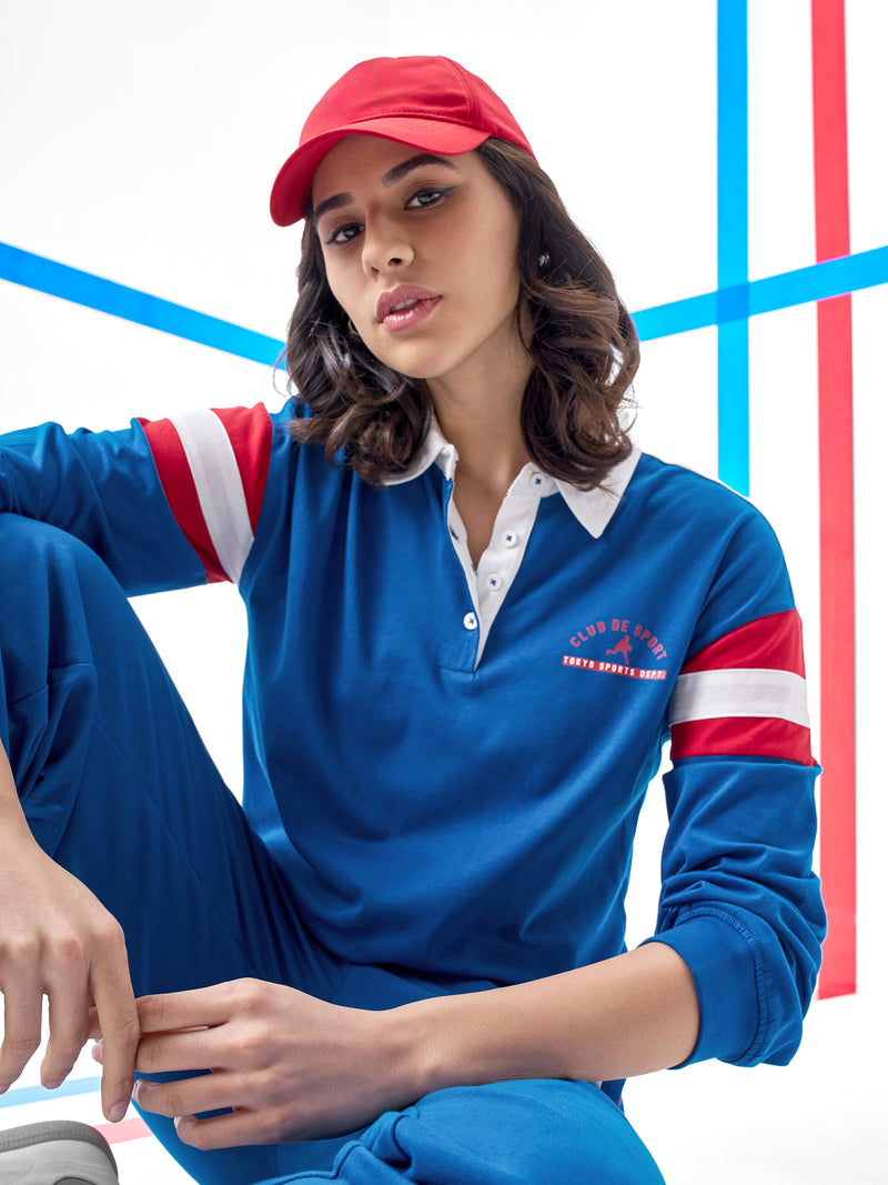 Tokyo Talkies Women Blue Printed Polo Collar T-Shirt - Blue - Image 1