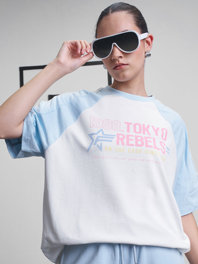 Street By Tokyo Talkies Women White Printed Round Neck Oversized Fit T-Shirt - White - Image 1