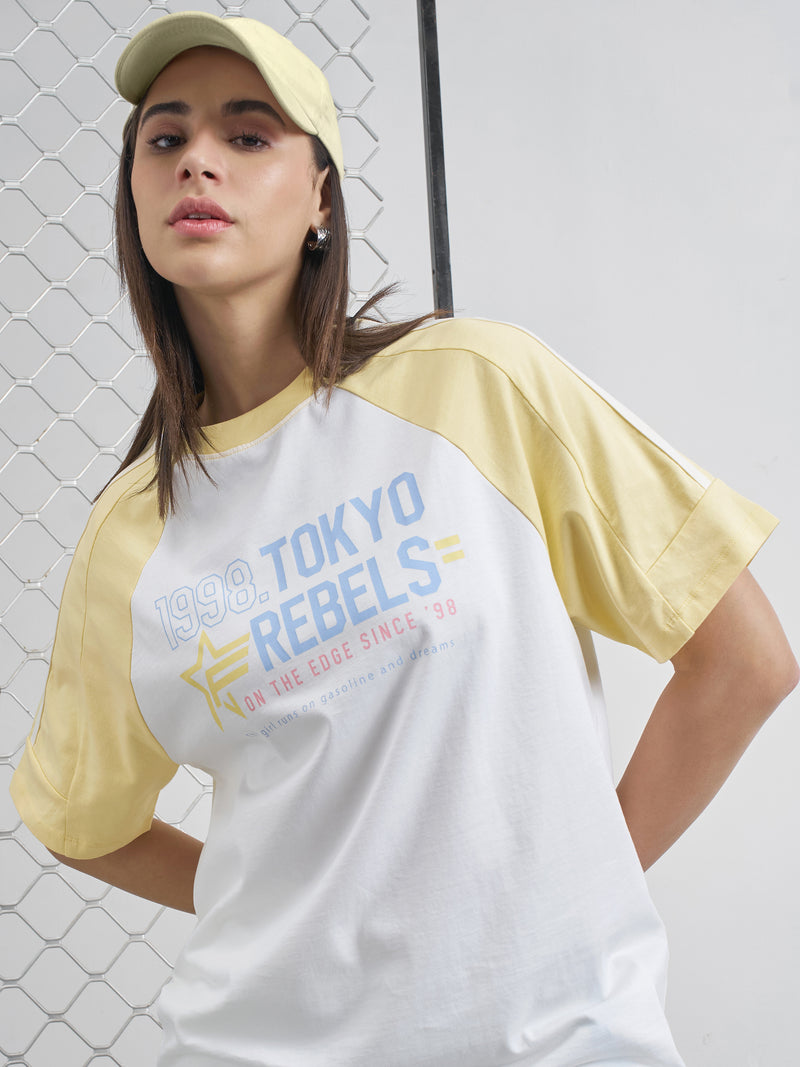 Street By Tokyo Talkies Women White Printed Round Neck Oversized Fit T-Shirt - White - Image 1