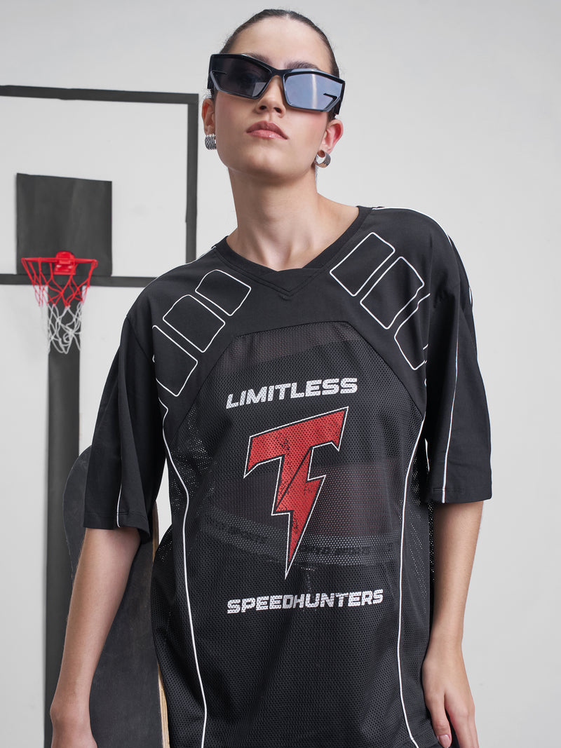 Street By Tokyo Talkies Women Black Printed Round Neck Oversized Fit T-Shirt - Black - Image 1