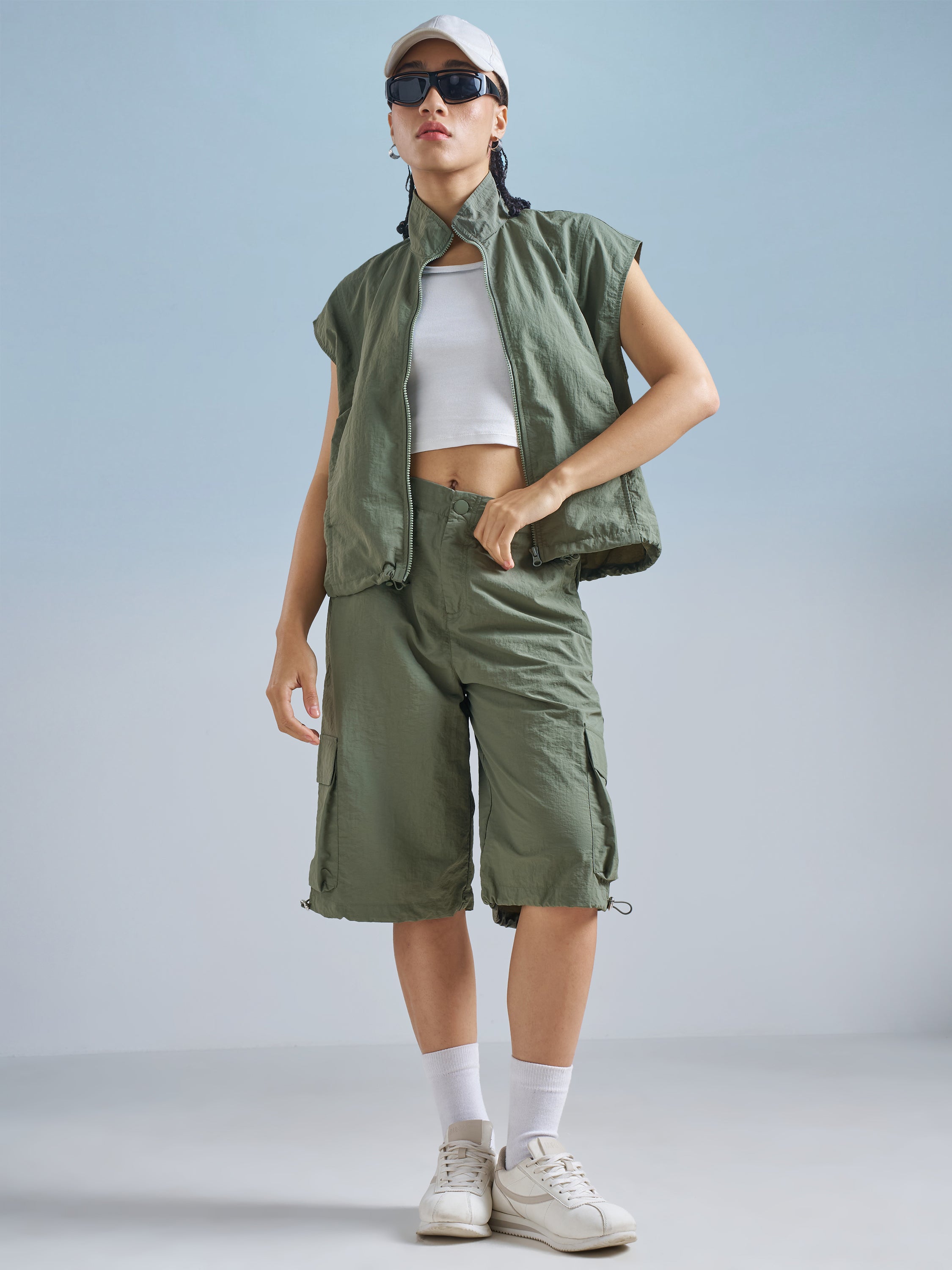 Street By Tokyo Talkies Women Olive Relaxed Fit Cargo Shorts - Olive - Image 2