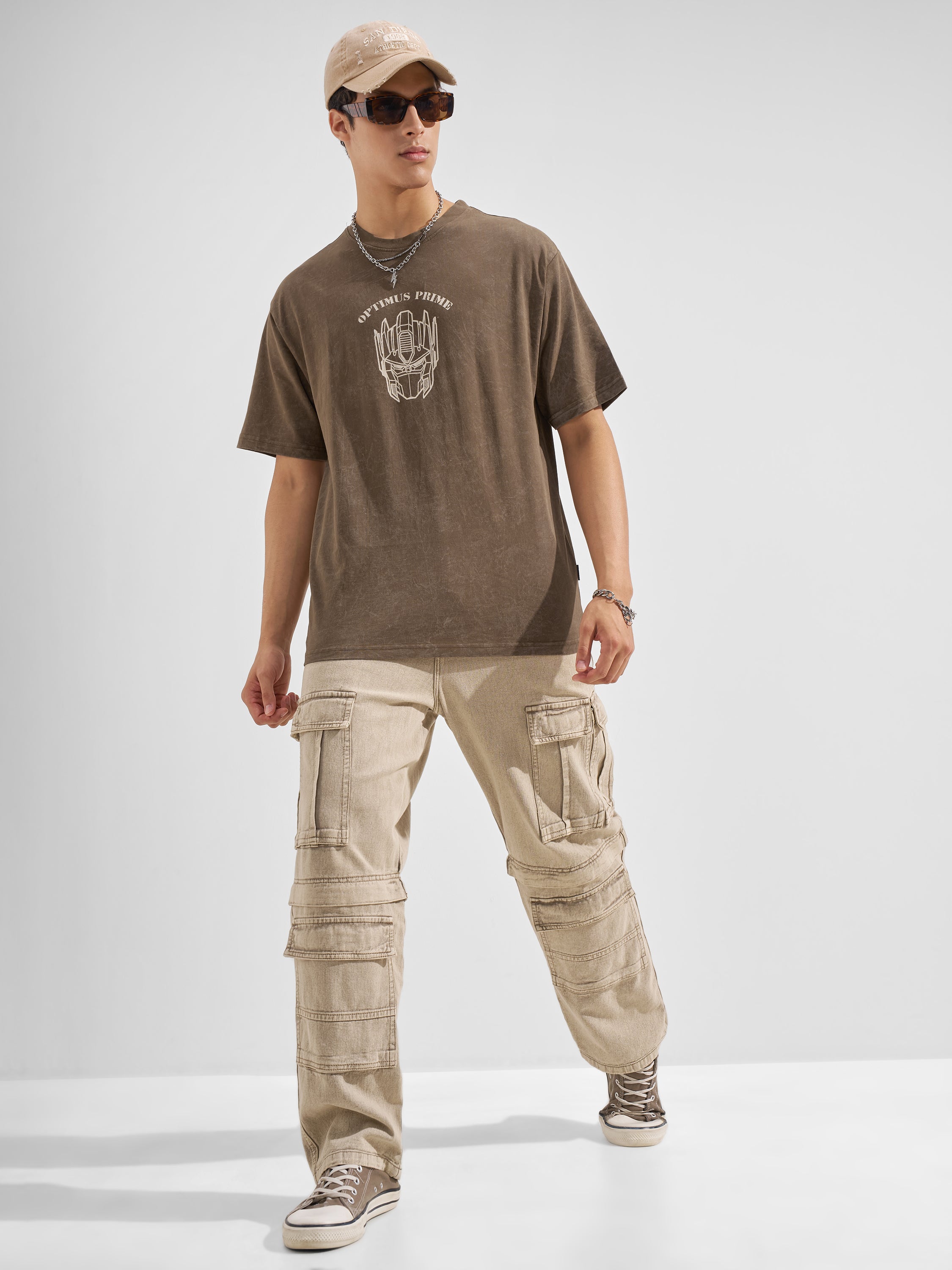Highlander Men Khaki Transformers Printed Round Neck T-Shirt