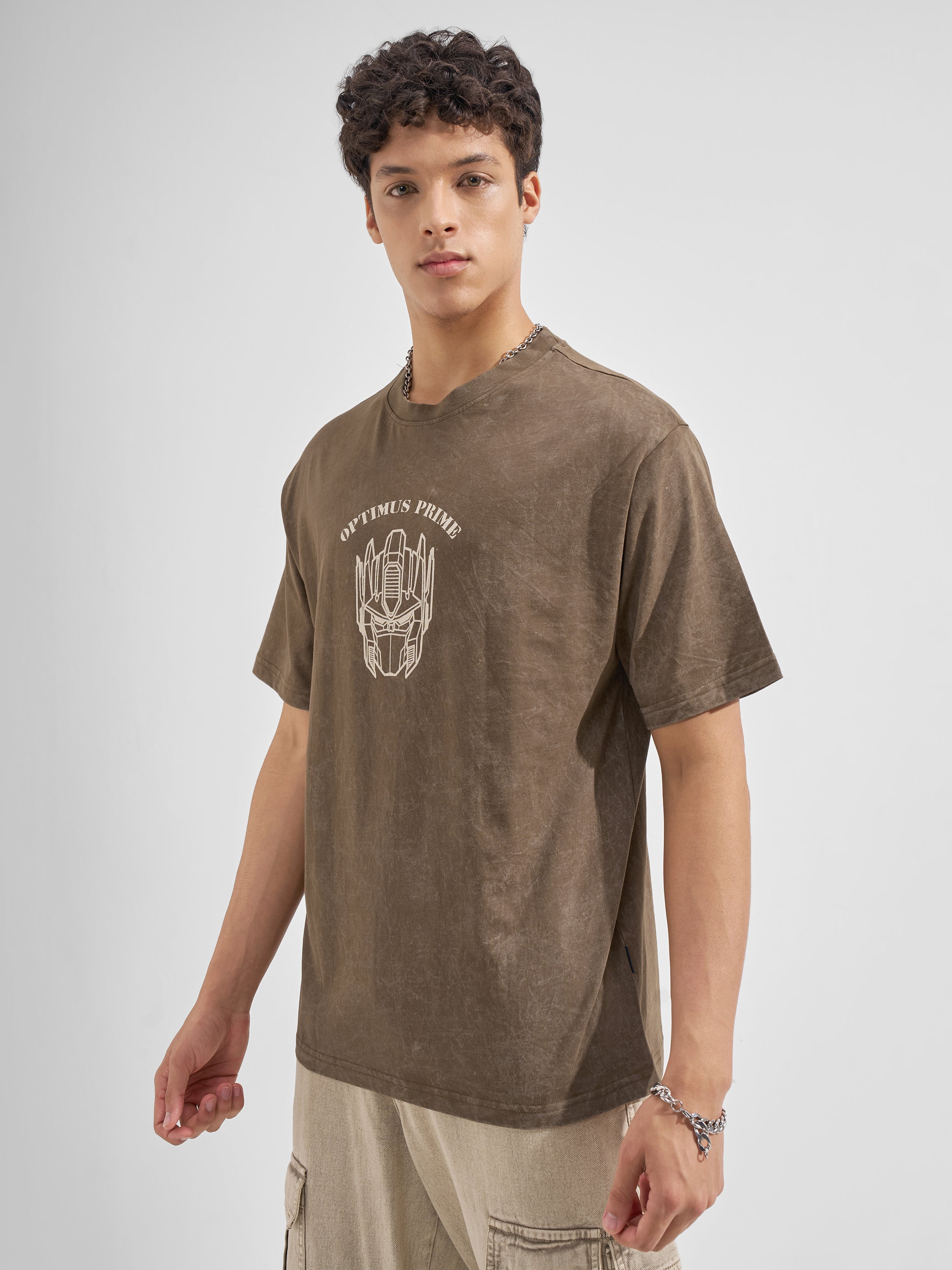 Highlander Men Khaki Transformers Printed Round Neck T-Shirt