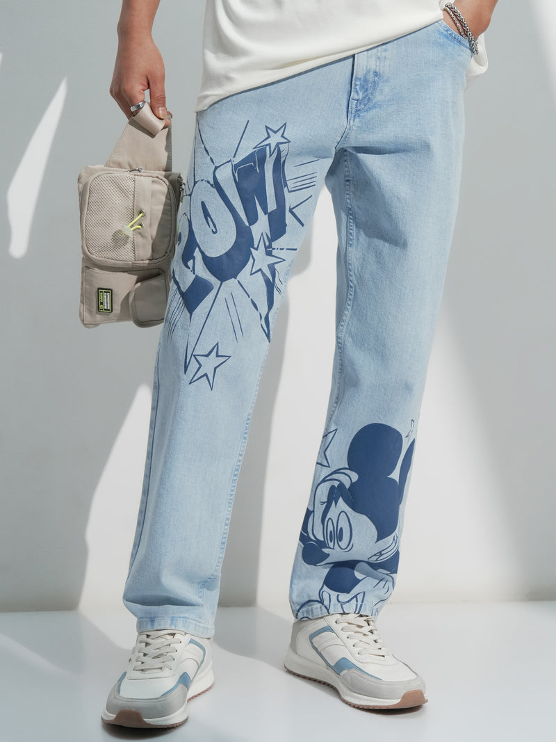 Disney By Highlander Men Blue Mickey Mouse Straight Fit Stretchable Jeans - Blue - Image 1
