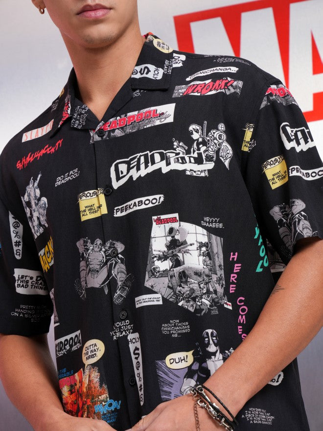 Marvel By Highlander Men Black Deadpool Printed Relaxed Fit Casual Shirt - Black - Image 5