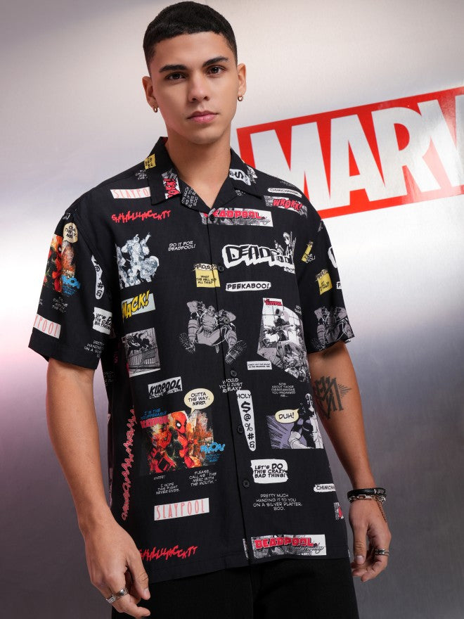 Marvel By Highlander Men Black Deadpool Printed Relaxed Fit Casual Shirt - Black - Image 6