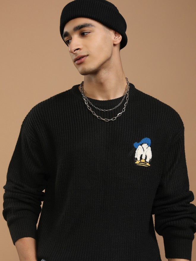 Disney By Highlander Men Black Donald Duck Round Neck Pullover Sweater - Black - Image 1