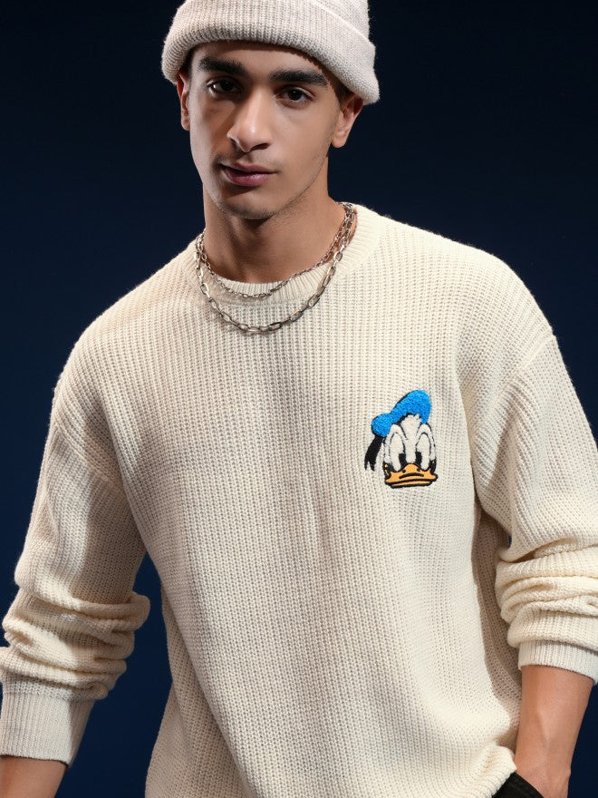 Disney By Highlander Men Off White Donald Duck Round Neck Pullover Sweater - Off White - Image 1