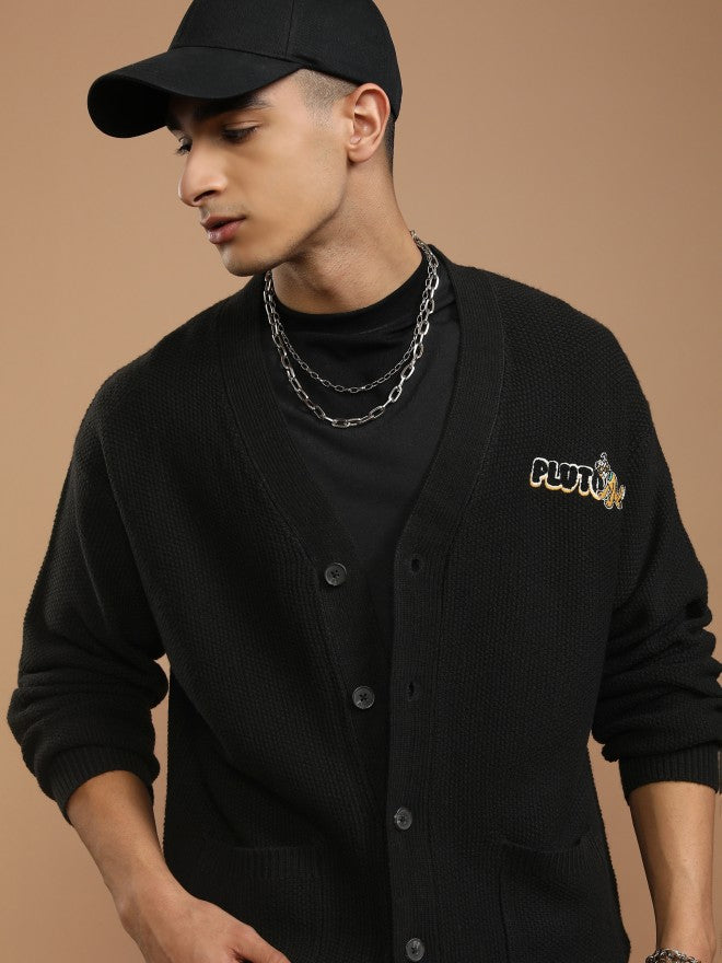 Disney By Highlander Men Black Pluto V-Neck Cardigan Sweater - Black - Image 1