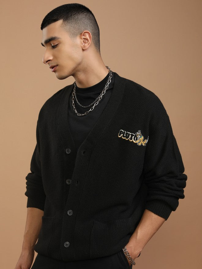 Disney By Highlander Men Black Pluto V-Neck Cardigan Sweater - Black - Image 4