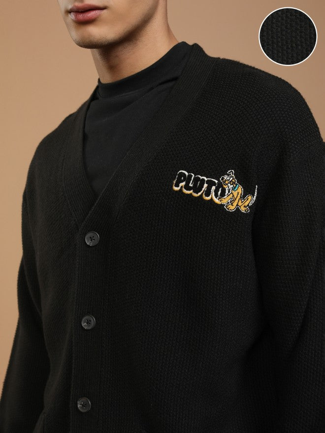 Disney By Highlander Men Black Pluto V-Neck Cardigan Sweater - Black - Image 5