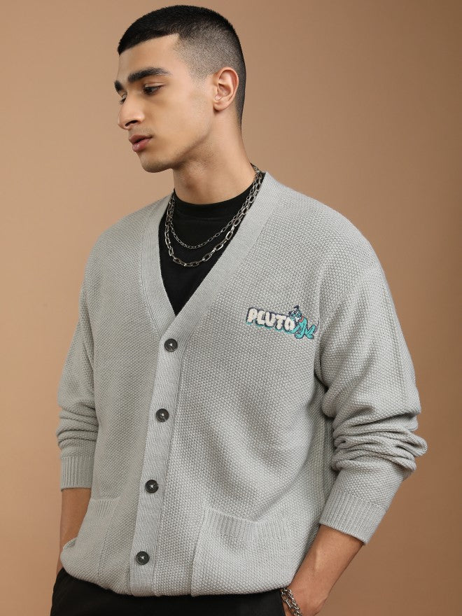 Disney By Highlander Men Grey Pluto V-Neck Cardigan Sweater - Grey - Image 4