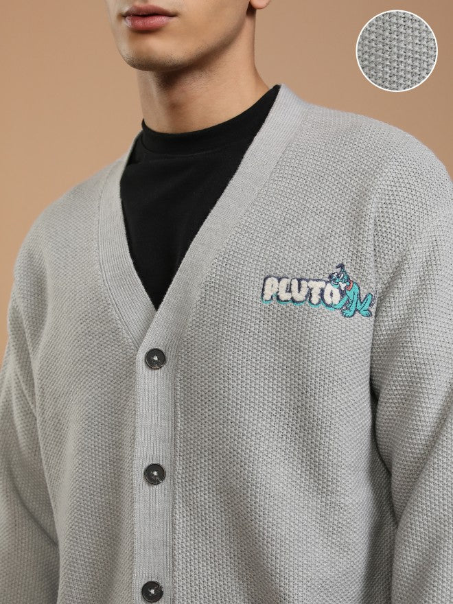 Disney By Highlander Men Grey Pluto V-Neck Cardigan Sweater - Grey - Image 5