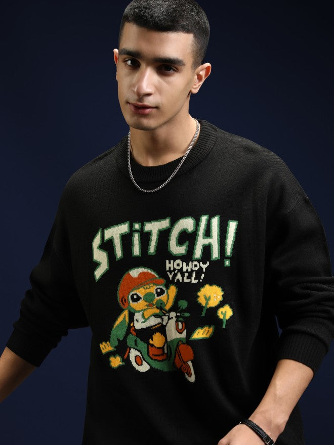 Disney By Highlander Men Black Stitch Round Neck Pullover Sweater - Black - Image 1
