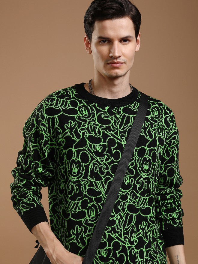 Disney By Highlander Men Black Mickey Mouse Round Neck Pullover Sweater - Black - Image 1