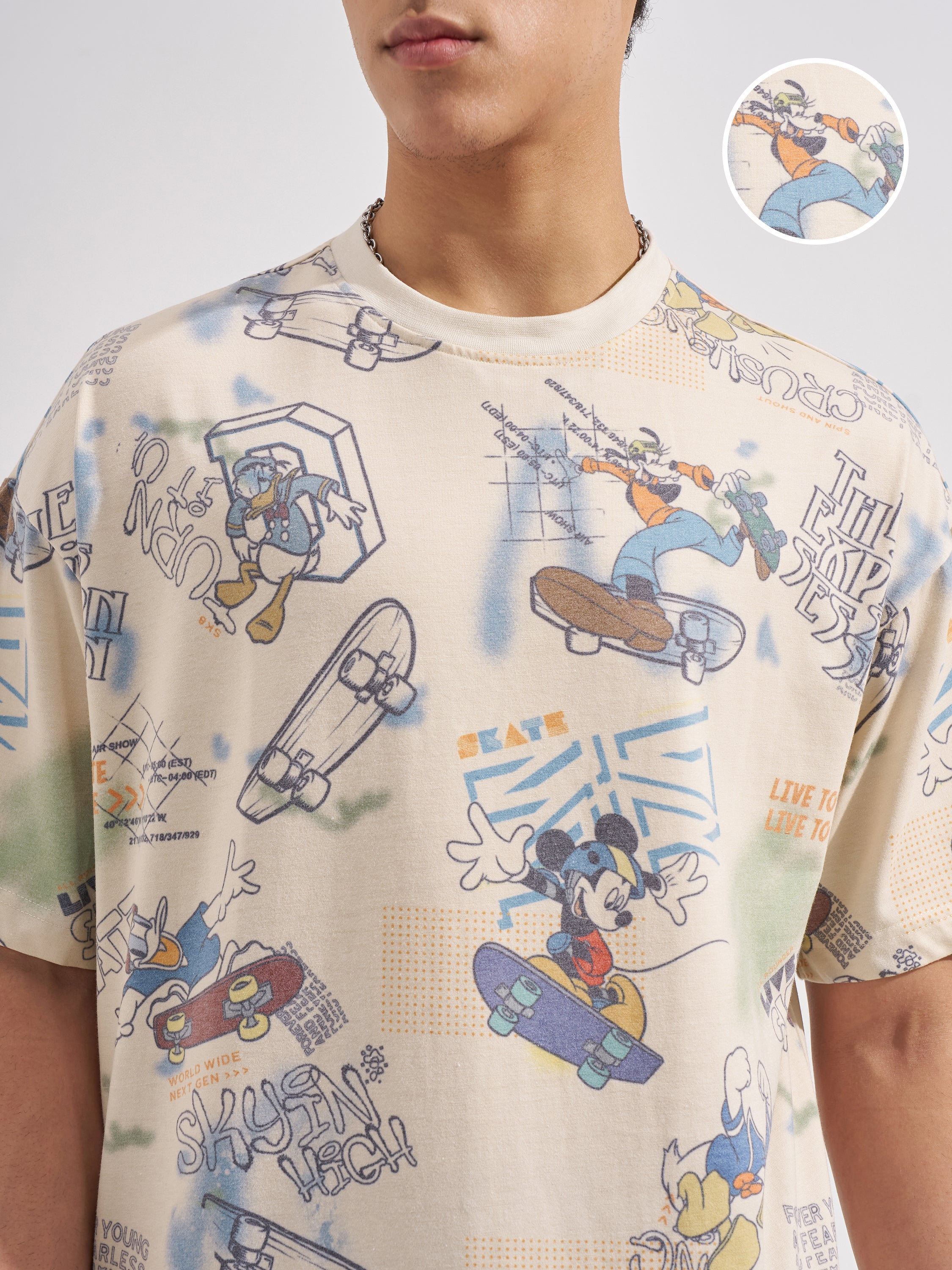 Disney By Highlander Men Beige Mickey Mouse Printed Round Neck Oversized Fit T-Shirt