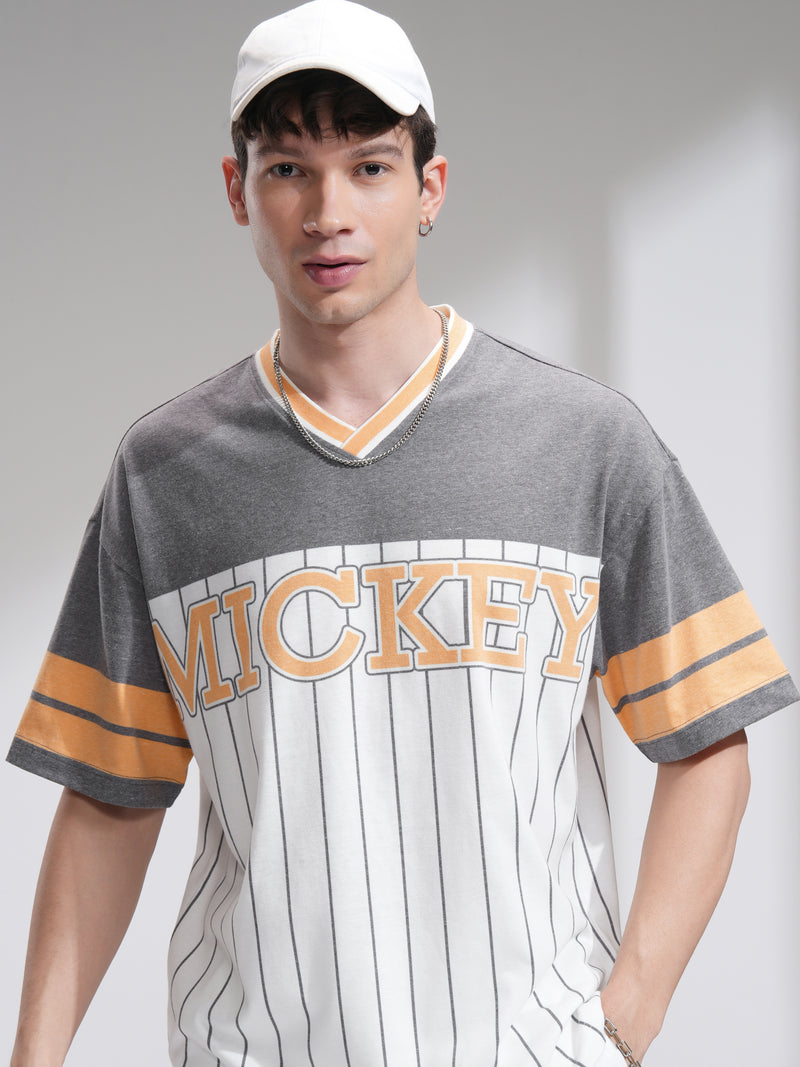 Disney By Highlander Men White Mickey Mouse Printed V-Neck Oversized Fit T-Shirt - White - Image 1