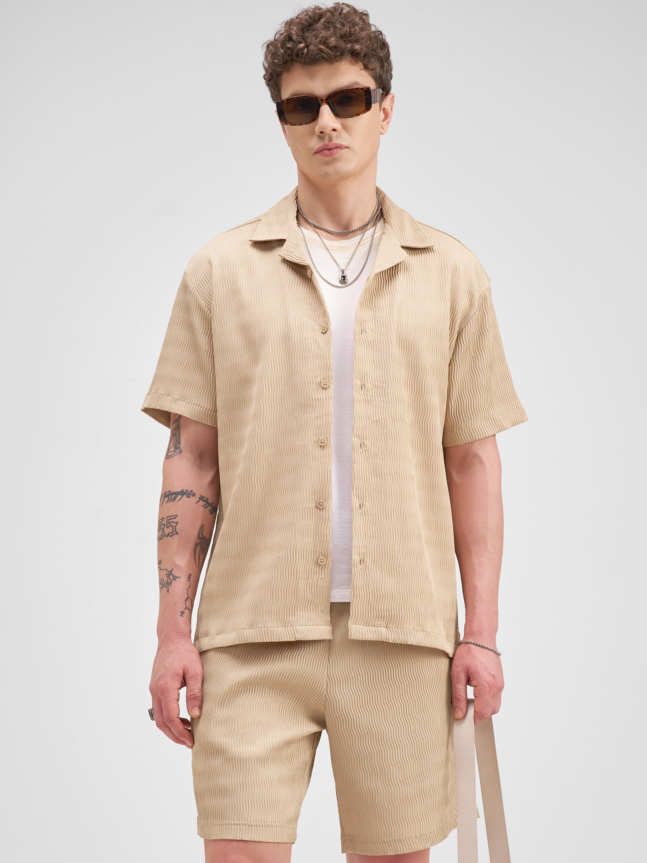 Highlander Men Beige Shirt With Shorts Co-Ords
