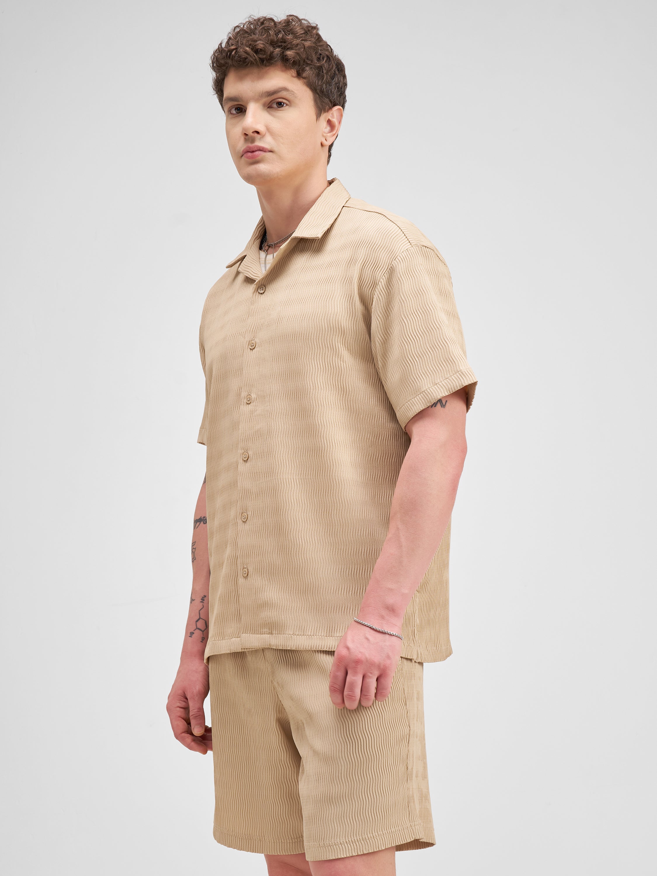 Highlander Men Beige Shirt With Shorts Co-Ords