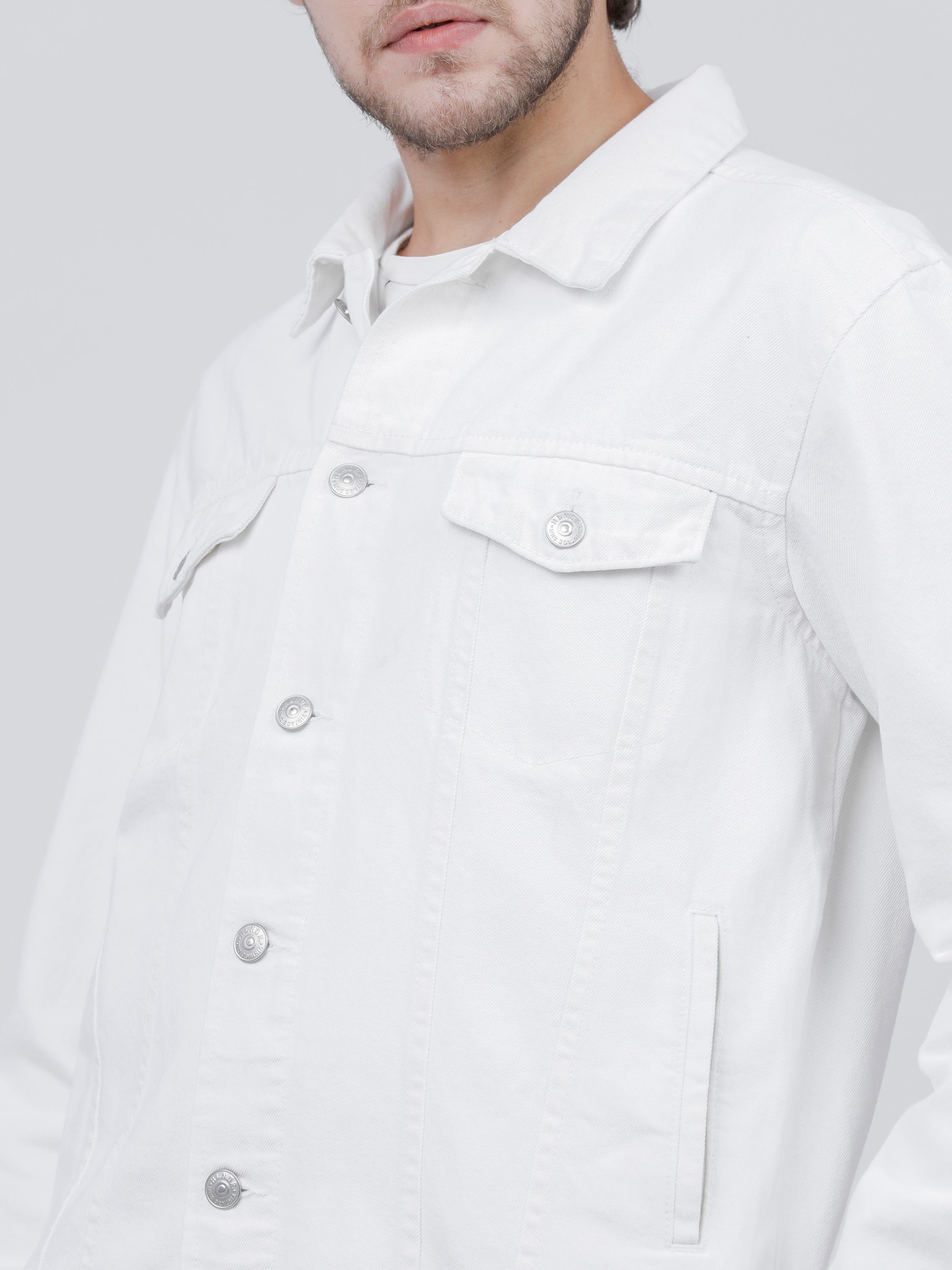 Highlander Men White Solid Denim Jacket - White - Image 4