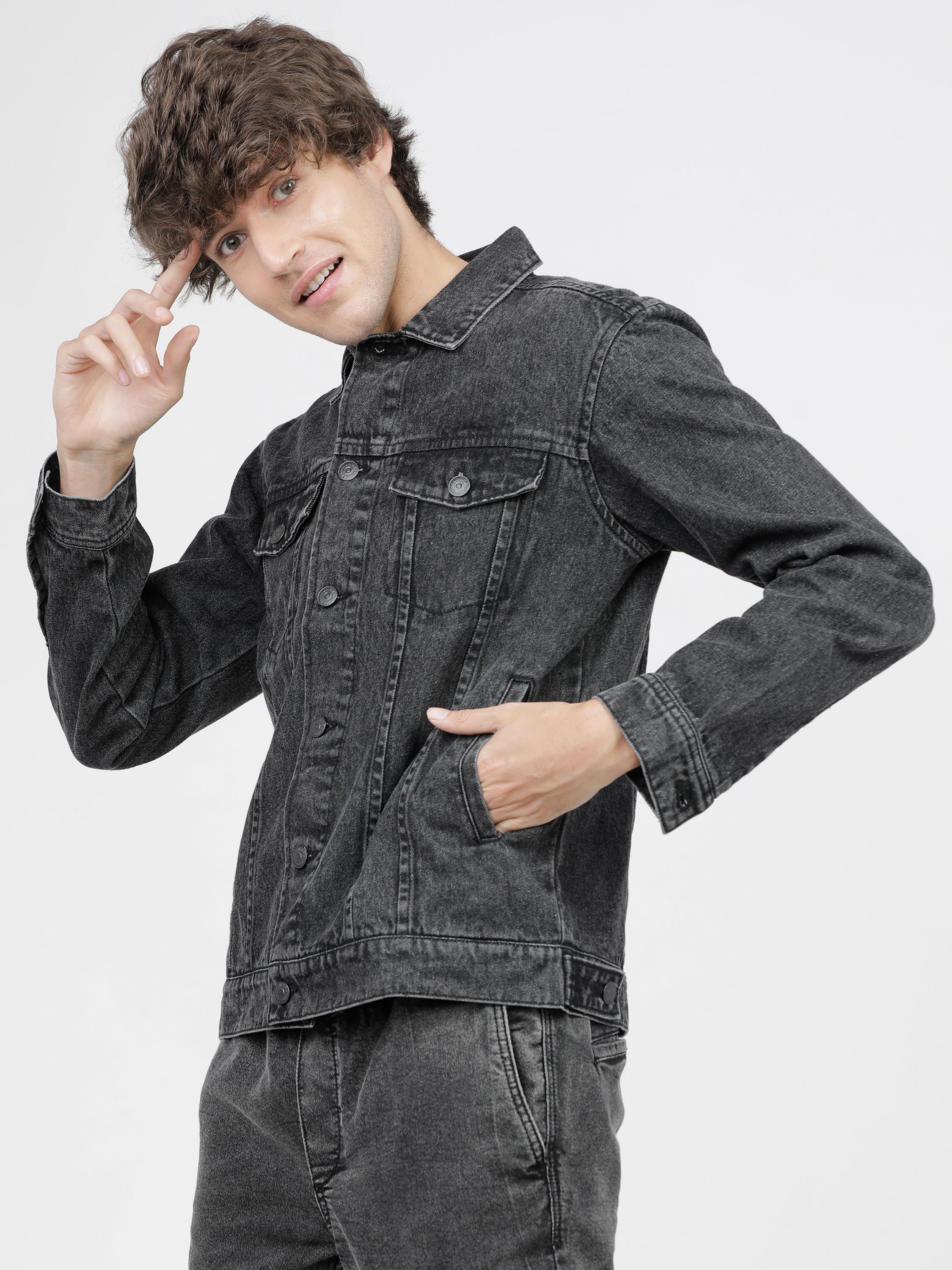Highlander Men Grey Solid Denim Jacket - Grey - Image 2