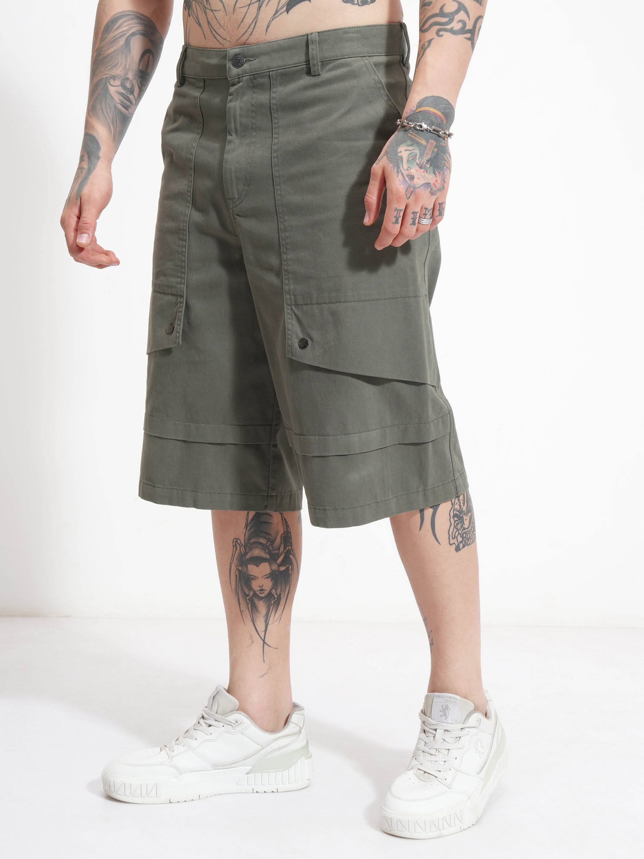 Highlander Men Olive Baggy Cargo Shorts - Olive - Image 4