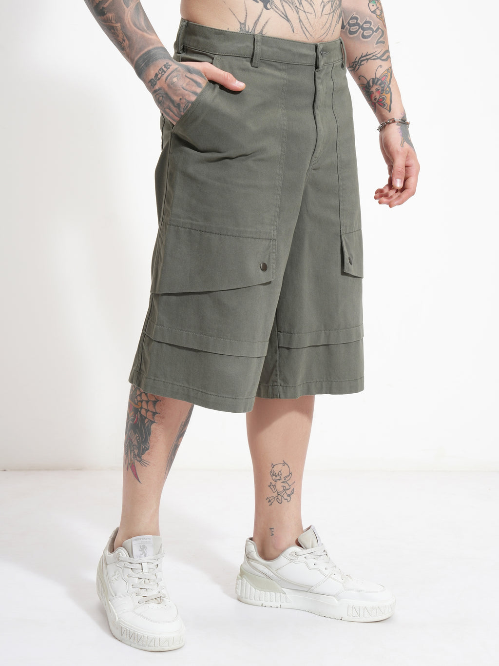 Highlander Men Olive Baggy Cargo Shorts - Olive - Image 6
