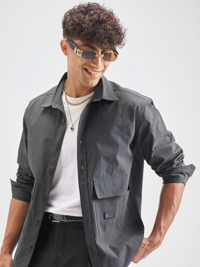 Highlander Men Grey Self Design Oversized Fit Casual Shirt - Grey - Image 1
