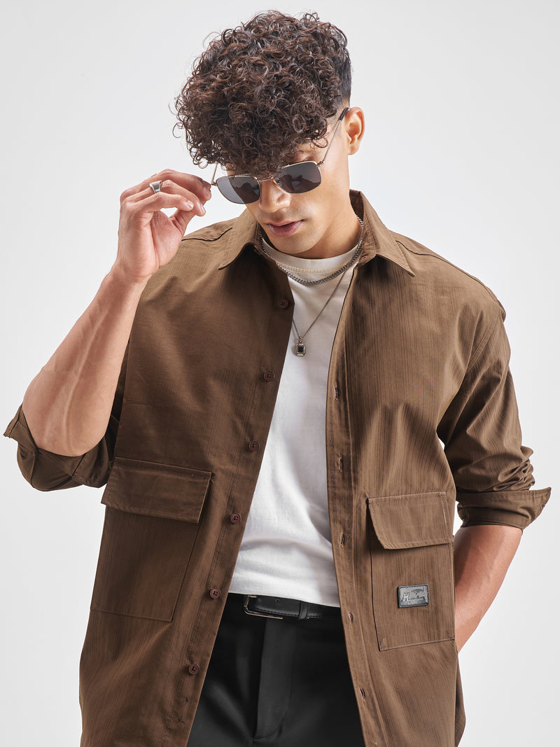 Highlander Men Khaki Self Design Oversized Fit Casual Shirt - Khaki - Image 1