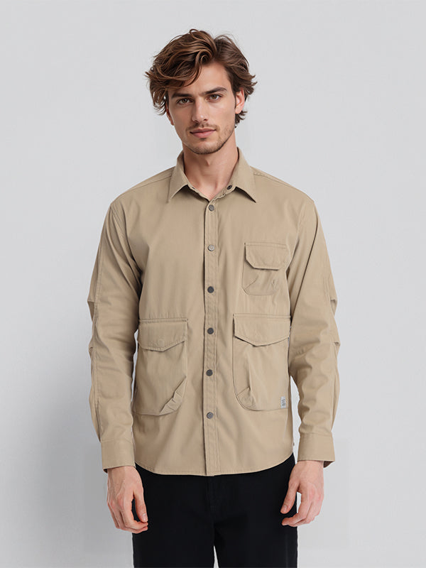 Highlander Men Khaki Solid Oversized Fit Casual Shirt - Khaki - Image 1
