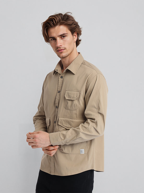 Highlander Men Khaki Solid Oversized Fit Casual Shirt - Khaki - Image 4