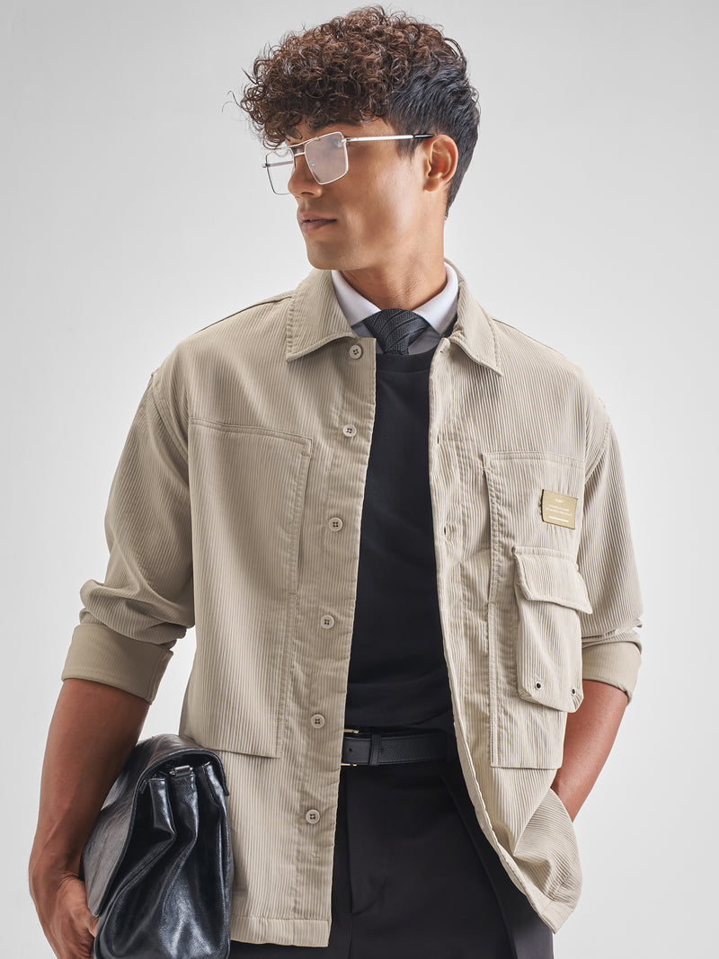 Highlander Men Beige Self Design Oversized Fit Casual Shirt - Beige - Image 1