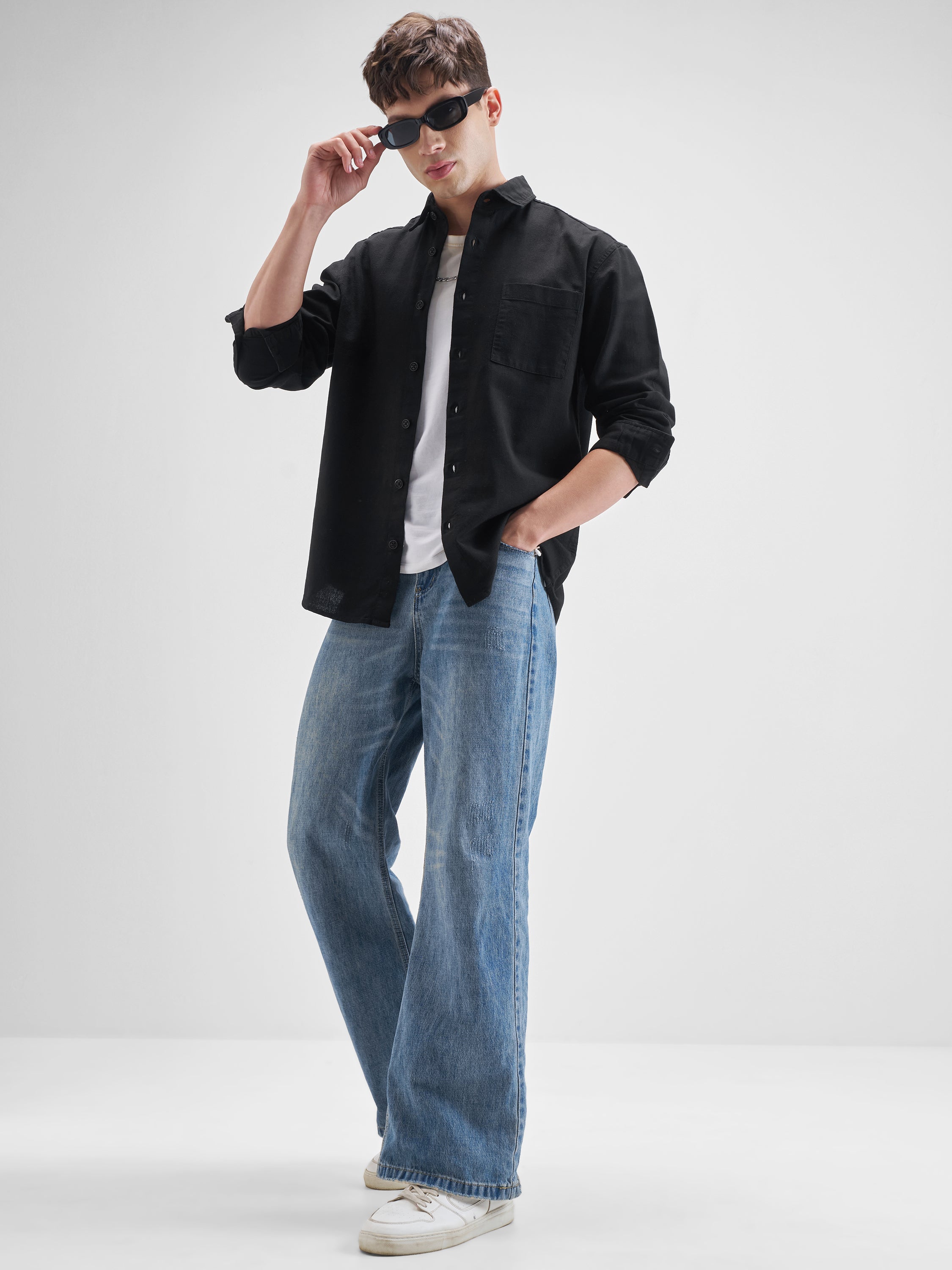 Highlander Men Black Solid Oversized Fit Casual Shirt - Black - Image 2