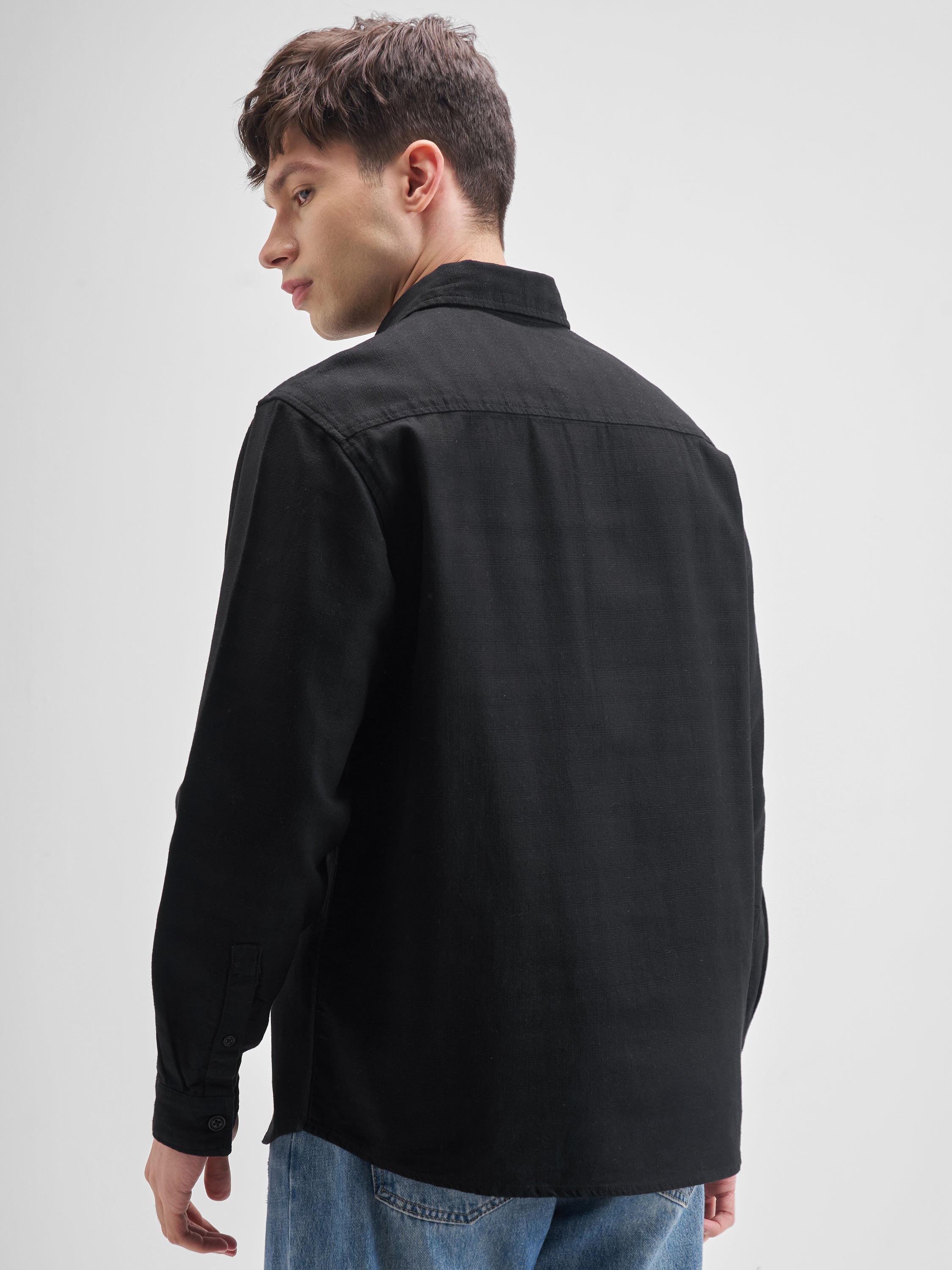 Highlander Men Black Solid Oversized Fit Casual Shirt - Black - Image 3