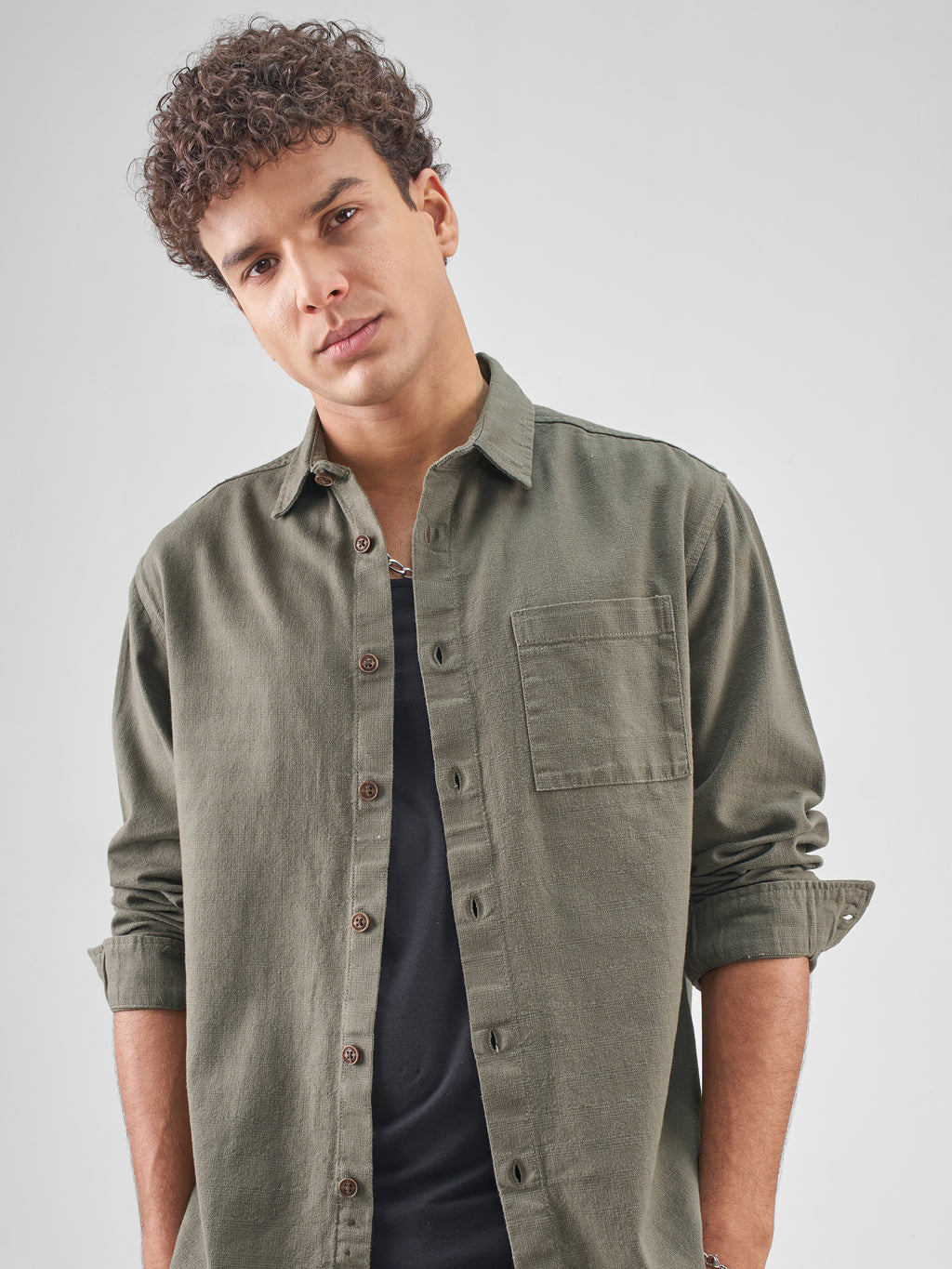 Highlander Men Olive Solid Relaxed Fit Casual Shirt - Olive - Image 1