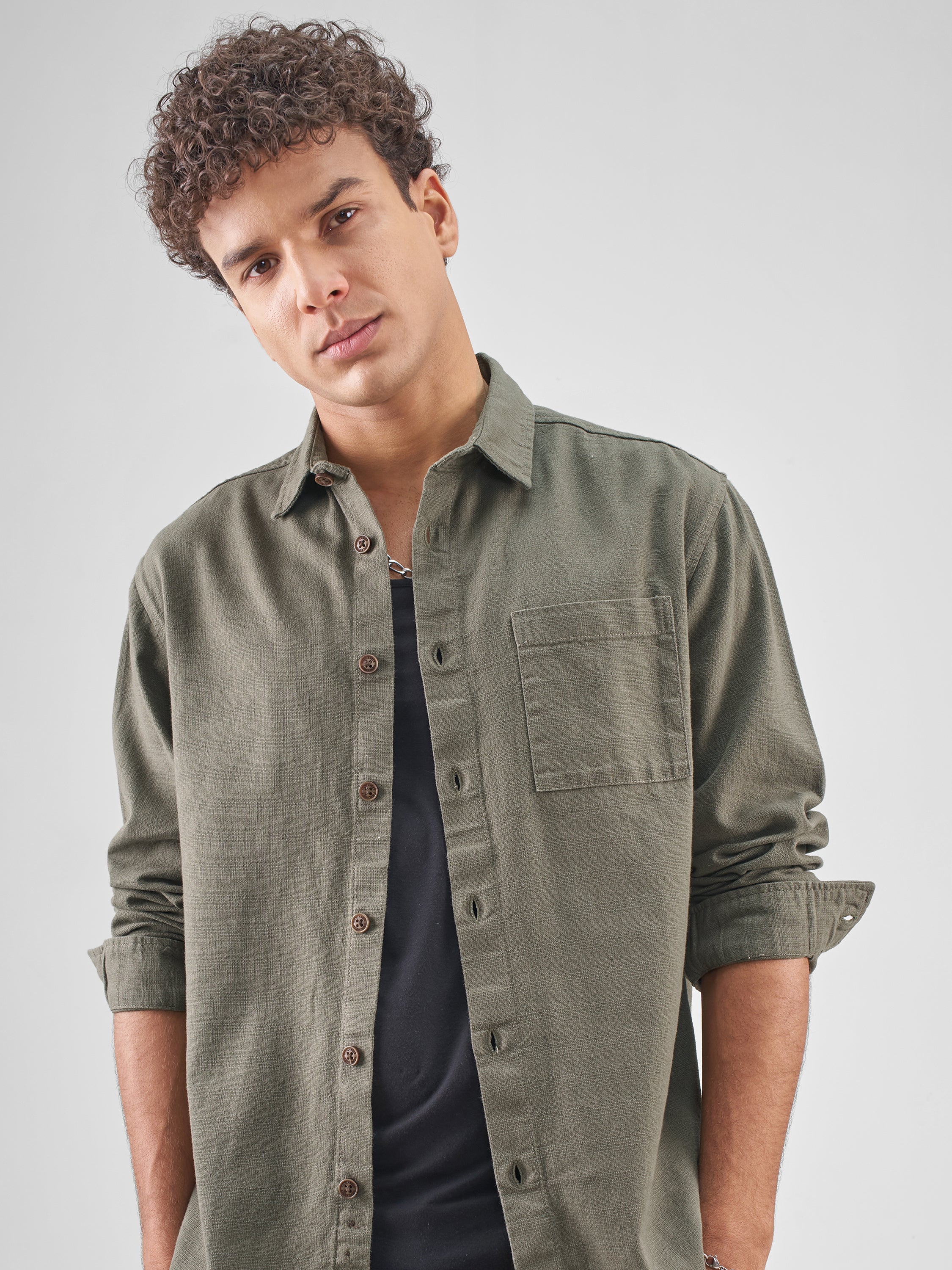 Highlander Men Olive Solid Relaxed Fit Casual Shirt - Olive - Image 1