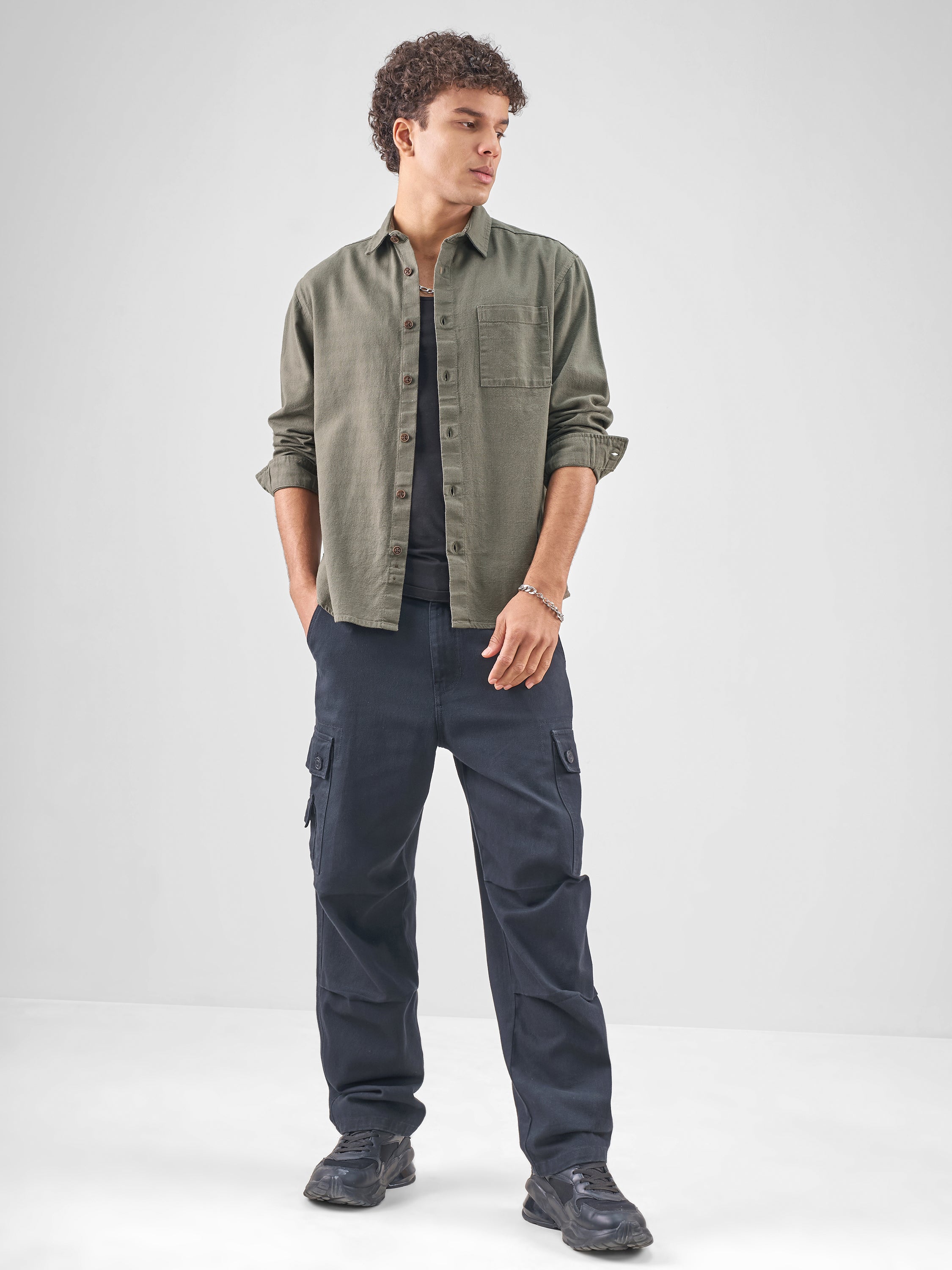 Highlander Men Olive Solid Relaxed Fit Casual Shirt - Olive - Image 2