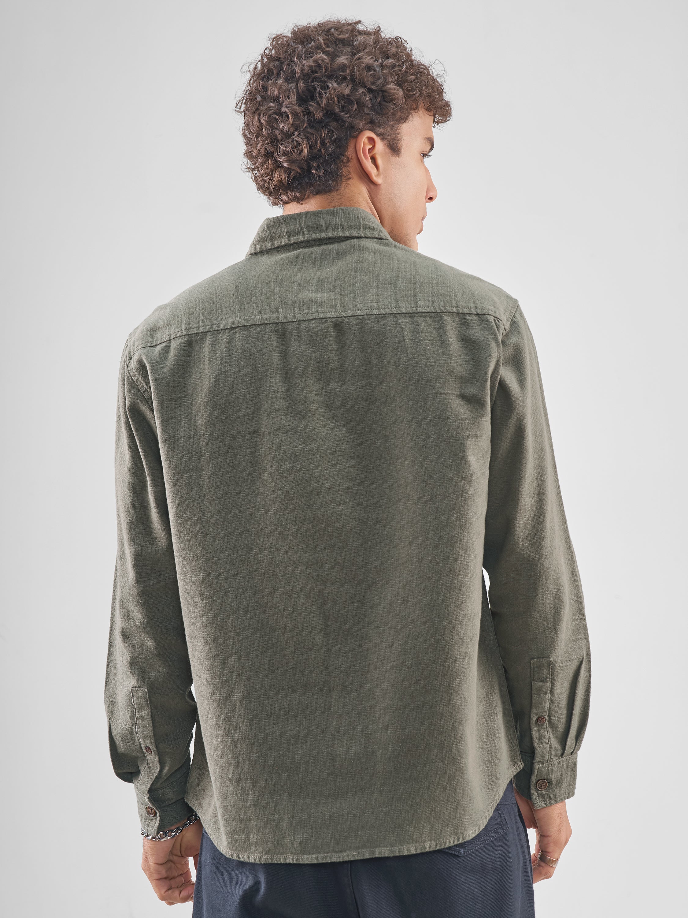 Highlander Men Olive Solid Relaxed Fit Casual Shirt - Olive - Image 3