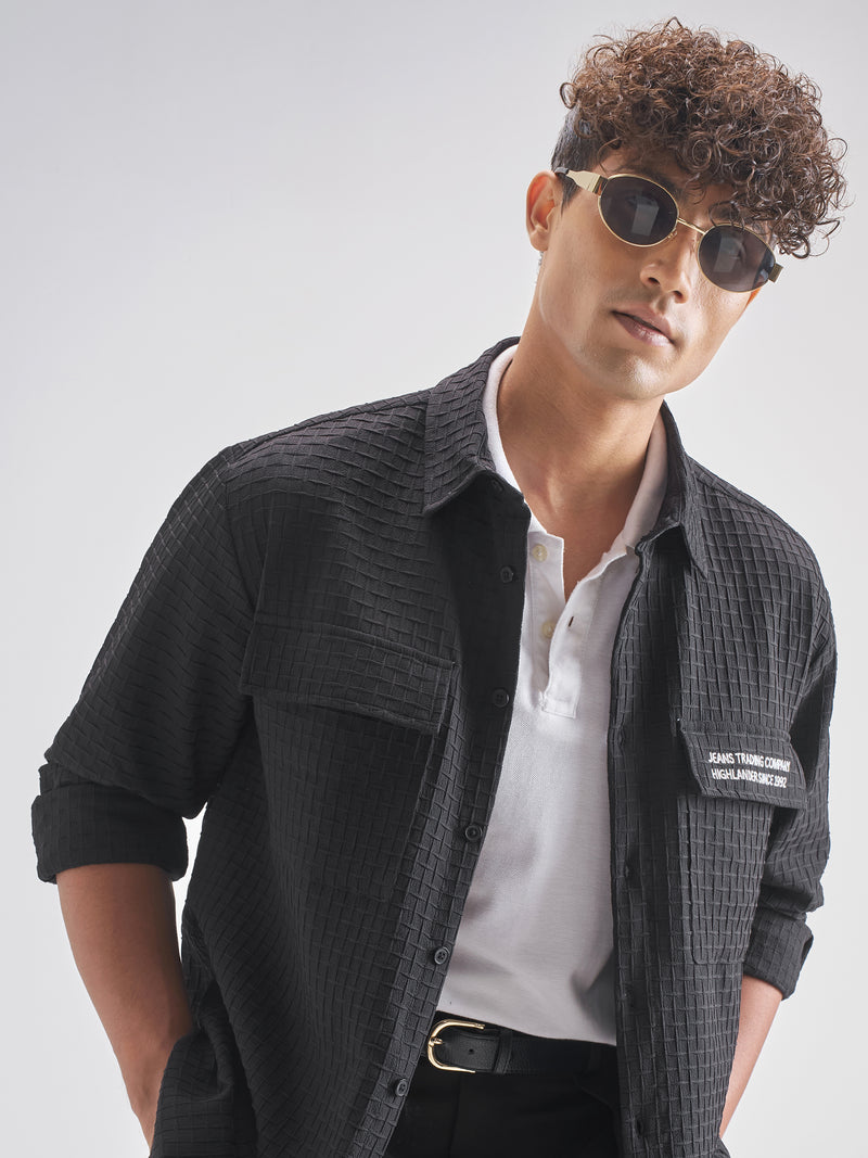 Highlander Men Black Self Design Oversized Fit Casual Shirt - Black - Image 1