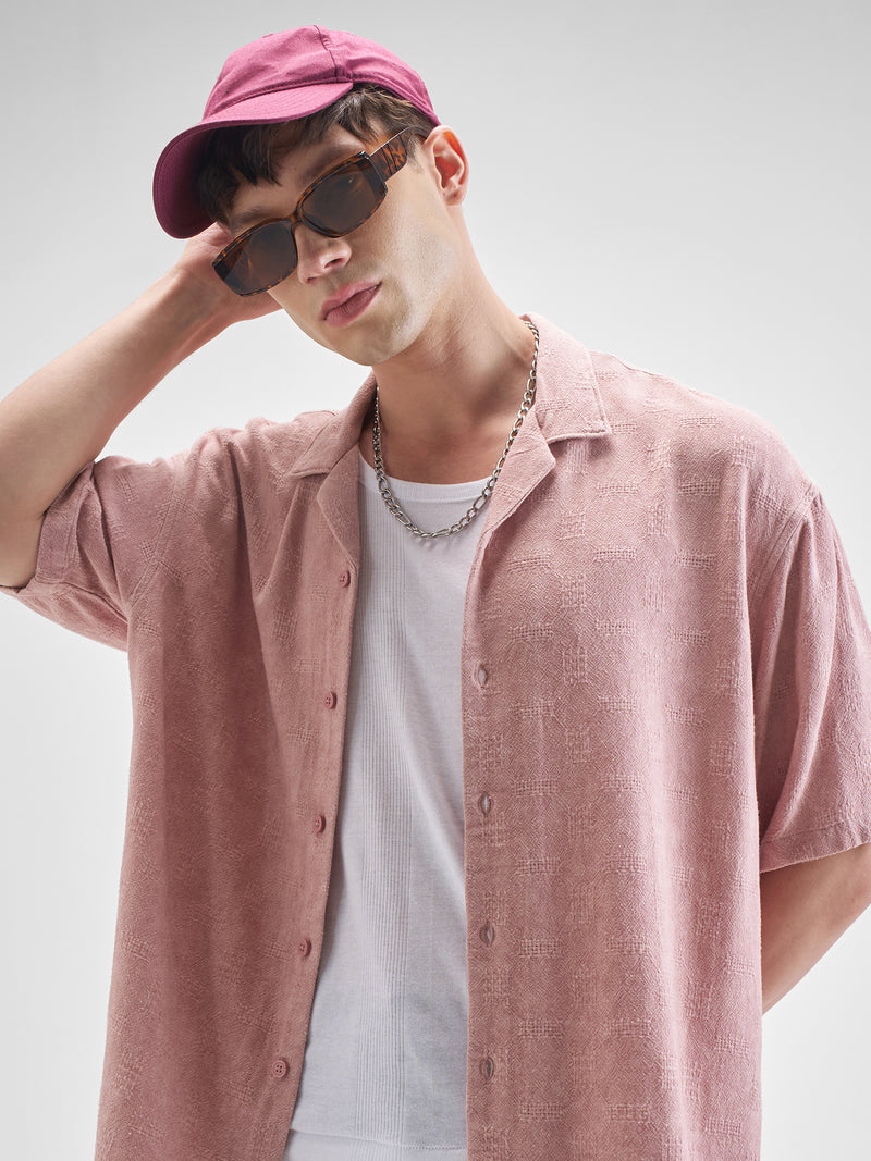 Highlander Men Pink Self Design Oversized Fit Casual Shirt - Pink - Image 1