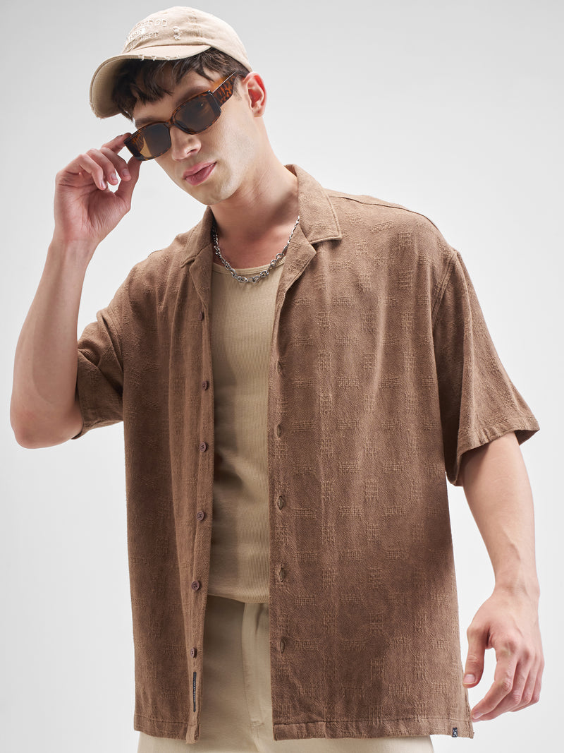 Highlander Men Brown Self Design Oversized Fit Casual Shirt - Brown - Image 1
