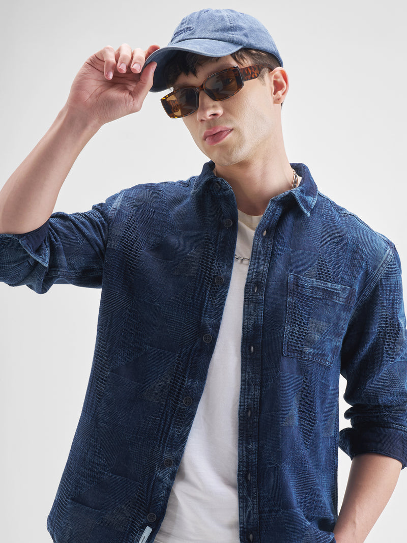 Highlander Men Navy Blue Self Design Oversized Fit Casual Shirt - Navy Blue - Image 1