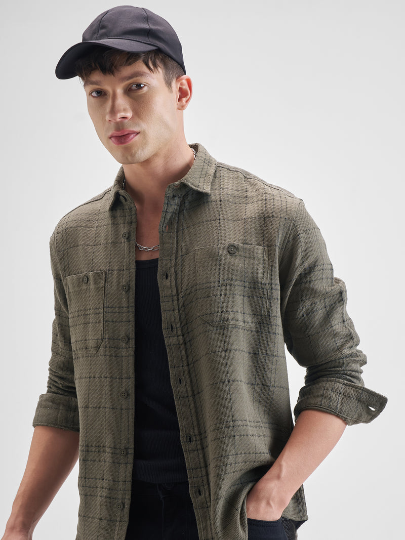 Highlander Men Olive Checked Oversized Fit Casual Shirt - Olive - Image 1